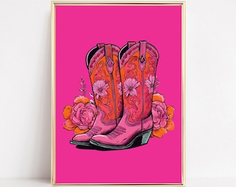 Pink Cowboy Boots Art Print, Cowgirl Wall Art, Pink Cowgirl Boot Poster, Western Vintage Cowgirl Prints, Girly Pink Orange Apartment Decor