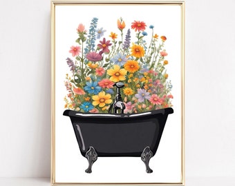 Floral Bathroom Wall Art Print, Botanical Bathtub Art Print, Printable Bathroom Art, Wildflower WC Prints, Watercolor Flowers Illustration