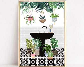 Botanical Bathroom Prints, Boho Bathroom Wall Art, Botanical Tropical Sink, PRINTABLE, Trendy Bathroom Print, Eclectic Sink Tile Plants Art