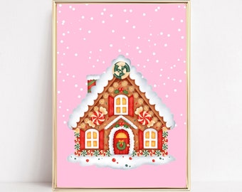 Gingerbread House Christmas Print, Gingerbread Wall Art, Boho Christmas Prints, Xmas Decor, Traditional Cottage Core Festive Pastel Poster