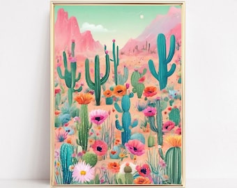 Colorful Botanical Cactus Print, Mexican Cactus Poster, Mexico Tropical Floral Wall Art, Cactus Art Print, Vintage Cactus Printable Decor