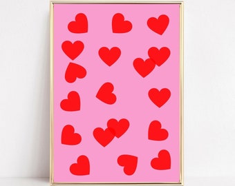 Hearts Art Print, Love Art Print, Pink Wall Art, Valentines Gift, Bedroom Wall Art, Retro Print, Colourful Art, PRINTABLE, Red Heart Poster