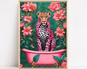 Leopard In Bathtub Animal Print Leopard Printable Bathroom Wall Art Tropical Bathroom Safari Decor Funky Leopard Painting Dopamine Decor