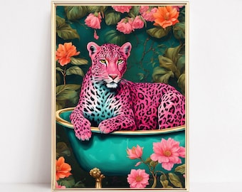Badezimmer Wand Kunst druckbare Leopard in einer Badewanne Druck bunte Tier in der Badewanne Kunst Badezimmer Dekor Eklektische Dschungel Maximalist Badezimmer Druck