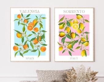 Zestaw wydruków ściennych Valencia, wydruki Valencia Sorrento, zestaw 2 wydruków z targu owocowego, Valencia Hiszpania Pomarańcze Cytryny, Włochy Hiszpania Plakat z jedzeniem