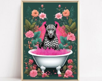 Zwarte luipaard badkuip kunst print luipaard in een bad muur kunst tropische badkamer safari luipaard poster digitale dierenprint leuke badkamer kunst