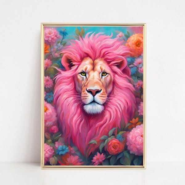 Floral Lion Wall Art Print, Pink Lion Poster, Tropical Animal Print, Queen Lion Animal Portrait, Printable Lion Art, Preppy Pink Aesthetics