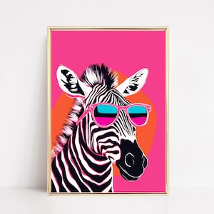 Impresión de arte de pared de cebra rosa, cartel de cebra con gafas, arte animal de safari, impresiones divertidas, arte de pared de galería de animales, IMPRIMIBLE, arte ecléctico funky