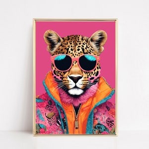 Leopard Mode Wand Kunst Druck Funky Leopard Porträt Malerei Leopard Kunstwerk Preppy Raum Dekor Maximalist Wohnung Ästhetische Digitale Kunst