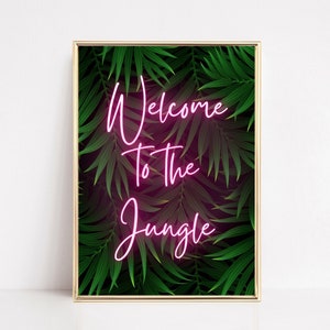 Welcome To The Jungle Art Print, Pink Neon Wall Art, 80s Rock Music Poster, Typography Quote, Instant Download, Neon Sign, Preppy Wall Print