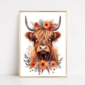 Colorful Floral Highland Cow Animal Print Highland Cow Wall Art Print Highland Cow Art Watercolor Animal Illustration Farm Animal Printable