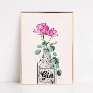 Botanical Gin Art Print, Pink Gin Wall Art, Kitchen Posters, Fashion Prints , Alcohol Poster, G&T Floral Bar Illustration, Gin Lovers Gift,