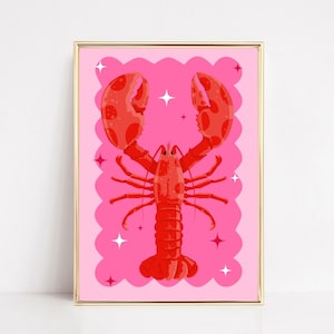 Red Lobster Art Print, Lobster Digital Print, Red Pink Prints, Kitchen Seafood Poster, Sealife Print, Printable, Foodie Posters, Funky Print