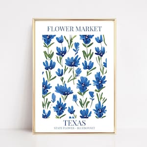 Impresión del mercado de flores Bluebonnet de Texas, arte mural con flores del estado de Texas, póster botánico de Texas, descarga digital, decoración de flores silvestres azules, póster de viaje