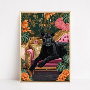 May include: A black panther lounges on a pink velvet chaise lounge with gold accents. The chaise is surrounded by lush green foliage and vibrant orange flowers. A gold chandelier hangs above the scene.