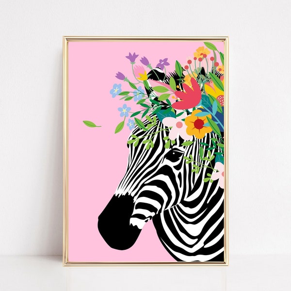 Floral Crown Zebra Art Print, Botanical Flowers Zebra Wall Art, Tropical Animal Posters, Boho Safari Jungle Decor, Retro Pink Gallery Wall