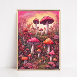 Botanical Mushrooms Forest Print Whimsical Mushroom Toadstool Wall Art DIGITAL DOWNLOAD Woodland Mushrooms Pink Mushroom Printable Decor