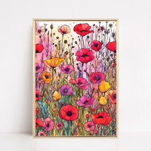 Red Poppy Art Print Vintage Poppy Wall Art Poppy Field Digital Print Colorful Abstract Flowers Botanical Poppies Poster Kitchen Printable