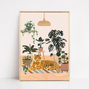 Impressão de arte de tigre, arte de parede de animais, tigre e plantas, arte de parede de tigre, impressão de tigre botânico boho, arte para impressão, decoração tropical, arte de plantas
