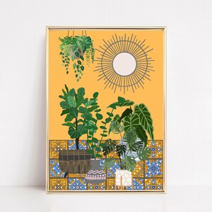 Collection Of Plants Art Print, Modern House Plants Wall Art, Mustard Teal Houseplants, Botanical Wall Decor, Victorian Geo Tile Gallery Art