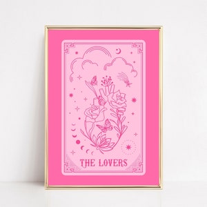 Tarot Karte Drucke, die Liebenden Tarot Poster, Tarot Karte Wandkunst, Pink und Rot Drucke, Witchy Kunstdruck, Pink Karte druckbar, Gothic Kunst