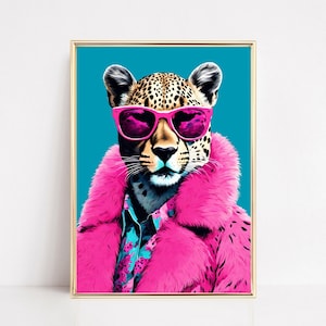 Funky Leopard Wand Kunst Druck Mode Tier Poster Pink Leopard Print Dschungel Gepard Maximalist Preppy Leopard Dopamin Dekor druckbare Kunst