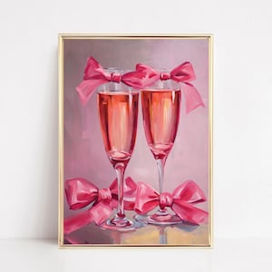 Rosa Vintage Alkohol Kunstdruck Preppy Barwagen Champagner Glas Printable Rosa Bögen Cocktails Kokette Dekor Trendy Küche Prost Poster