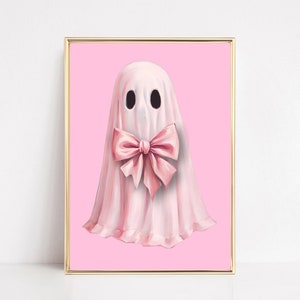 Pink Ghost Wall Art Print Pink Bow Ghost Printable Cute Ghost Painting Coquette Aesthetic Halloween Decor Preppy Trendy Girly Digital Art