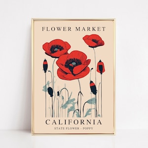 California Poppy Flower Market Print California Poppy Travel Poster California State Flower 1960s Wall Art Pastel Botanical Flower Artwork