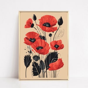 Red Poppy Art Print, Poppies Wall Art, Poppy Printable Art, Vintage Retro Poppy Poster, Houseplant Print, Kitchen Decor, Minimalistic Print