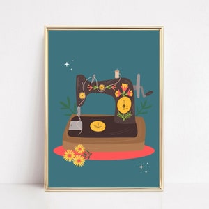 Retro Nähmaschine Print, Nähraum Kunst, Petrol Wandkunst, Petrol Blumen Kunst, Vintage druckbare, SOFORTIGE DOWNLOAD, Boho Dekor, Bastelraum