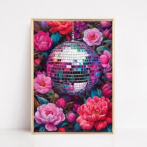 Maximalist Retro Disco Ball Wall Art Print Botanical Disco Ball Poster Vintage 70s Floral Disco Prints Retro Eclectic Flower Painting