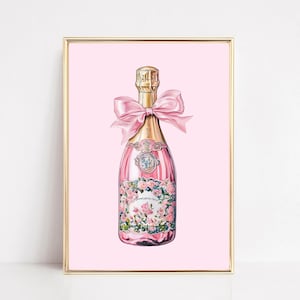 Champagner Flasche Rosa Chinoiserie Bar Warenkorb Champagner Wand Kunst Retro Cocktail Poster Kokette Raumdekor Girly Preppy Digitaldrucke