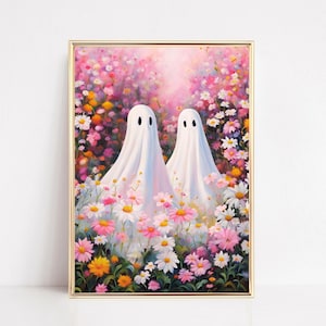 Flowers And Ghosts Art Print Botanical Wildflowers Ghost Floral Wall Art Cute Floral Ghost Print Pink Ghost Painting Cottagecore Aesthetic