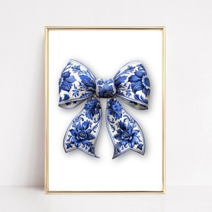 Blue Bow Chinoiserie Art Print Blue Bow Nursery Wall Art Coquette Prints Coastal Grandaughter Wall Decor Grandmillenial Poster Painting
