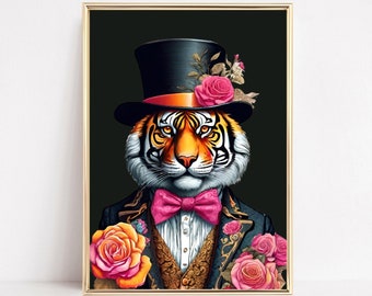 Tiger Fashion Art Print Tiger Portrait Wall Art Tiger Painting Maximalist Art Regal Tiger Gothic Poster Renaissance Animals Printable Art