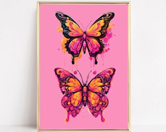 Butterfly Pink and Orange Preppy Wall Art Funky Art Print Butterfly Wall Art Girly Butterfly Art Trendy Floral Digital Art Maximalist Print