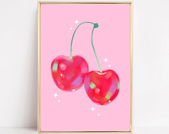 Cherries Poster Print, Cherry Wall Art, Y2K Aesthetic Decor, Pink Posters Trendy Wall Art, Retro Preppy Wall Prints, Kitchen Fruit Printable