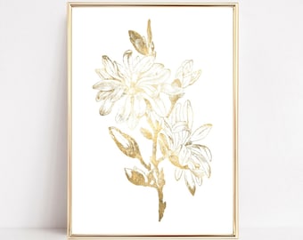 Floral Botanical Art Print, Golden Flower Wall Art, Contemporary Flowers Abstract Poster, Cottage Core Decor, Shabby Chic Wall Printable