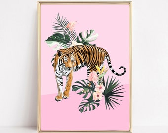 Impresión artística de tigre de la jungla, arte mural de tigre, imprimible, póster botánico de tigre, arte mural de animales, ilustración de tigre tropical, impresión artística de grandes felinos