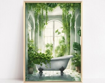 Bathtub Art Print, Botanical Bath Wall Art, Bathtub Printable Art, Bathroom Plant Print, Tropical Bathroom, Wc Prints, Hanging Plants & Bath