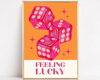 Feeling Lucky  Wall Art Print, Lucky Dice Poster Prints, Pink Orange Retro Wall Art, Y2K Aesthetic Room Decor, Funky Dopamine Printable Art