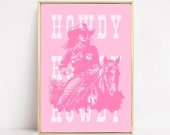 Cowgirl Art Print, Howdy Wall Art, Pink Cowgirl Western Poster, Preppy Pink Room Aesthetic, Western Dorm Room Prints, Cowboy Printable Art