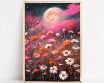 Moon And Flowers Art Print, Colorful Cottagecore Wildflowers Wall Art, Botanical Moon Poster, Whimsical Florals, Dreamy Sky Moon And Flowers