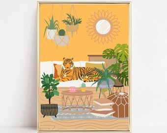 Botanical Tiger Art Print, Tiger Wall Art, Maximalist Tropical Jungle Animal, Leopard Wall Art, Retro Living Room Wall Art, Big Cat Prints