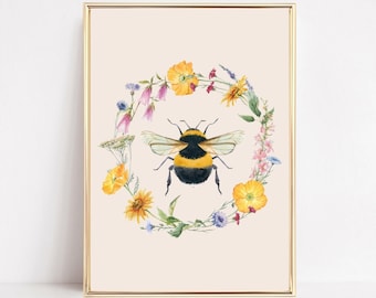 Bumble Bee Art Print,  Botanical Bee Wall Art, Spring Summer Sunflowers Printable, Bee Happy Poster, Wildlife Beehive Art, Cottage Core