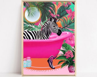 Zebra In Bath Botanical Art Print, Zebra In Pink Bathtub Bathroom Wall Art, Animal In Bath Poster, Pink Bathroom Print, Botanical Bath Decor