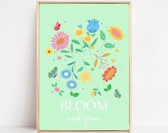 Bloom Floral Botanical Art Print, Wildflower Wall Art, Mint Green Meadow Print, Bloom & Grow Quote Print, Retro Daisy Flower Cottagecore Art