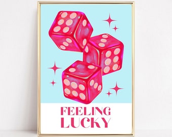 Feeling Lucky Retro Wall Art, Blue Pink Art Print, Lucky Dice Printable, Blue Preppy Aesthetic, Lucky You Bar Cart Prints, Apartment Decor