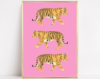 Pink Tiger Wall Art, Preppy Tiger Art Print, Boho Tigers Posters, Gallery Wall, A4 A3 A2 A1 Posters, Pastel Animal Jungle Tiger Leopard